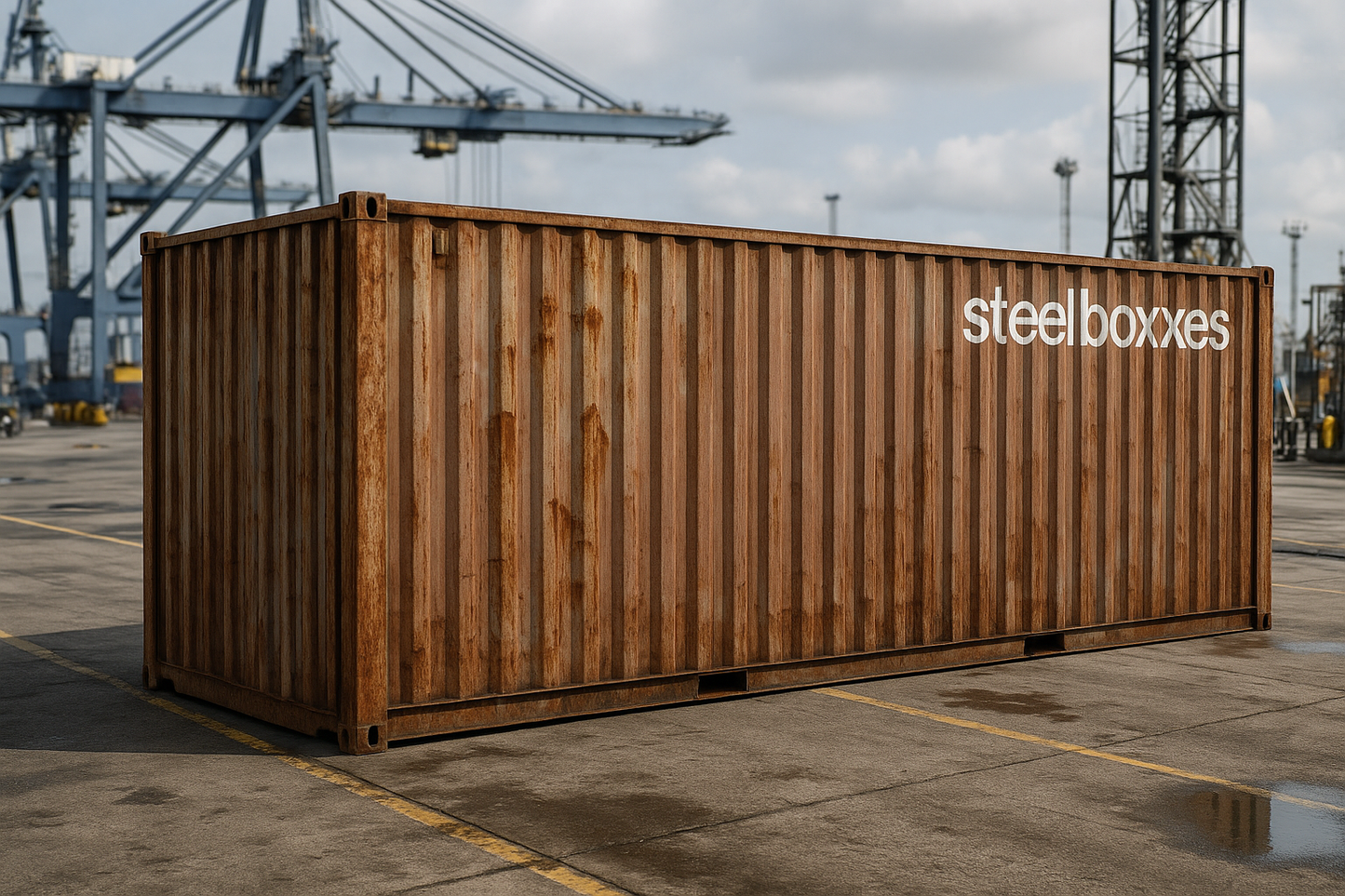create an image of a 40ft dry container at a port as realistic as you can make it. Put "steelboxxes" across the middle of the container