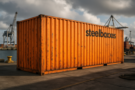 Create a hyper realistic 40ft high cube container, at a port, with "steelboxxes" branding on the top right corner of the container in the image, make the container orange